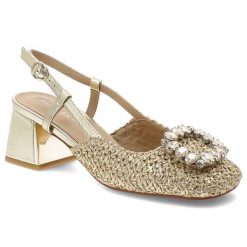 Czółenka damskie Alma En Pena, z zabudowanym przodem wykonane z plecionego materiału osadzone na stabilnym obcasie z regulowanym paskiem wokół kostki. Żółte czółenka Alma En Pena, z aplikacjami, bez obcasa, bez zapięcia. Za 559.00 zł.