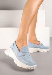 Niebieskie Półbuty w Stylu Mokasynów na Platformie Viandis. Niebieskie półbuty wsuwane Renee, z aplikacjami, z jeansu, eleganckie, bez obcasa, na platformie. W wyprzedaży za 99.99 zł.