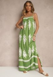 Zielona Rozkloszowana Sukienka na Ramiączkach w Ornamentalny Print Reveleine. Zielone sukienki Renee, na co dzień, l, z aplikacjami, bez kołnierzyka, bez ramiączek, maxi, dopasowane. W wyprzedaży za 55.99 zł.