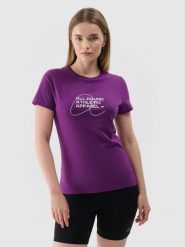 4F T-shirt slim z nadrukiem damski - fioletowy S. Fioletowe t-shirty 4f, s, bez wzorów, z bawełny, klasyczne, bez kołnierzyka, bez ramiączek. Za 29.99 zł.
