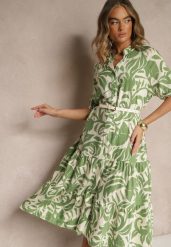 Zielona Rozkloszowana Sukienka z Wiskozy Ozdobiona Falbaną Filesenia. Zielone sukienki Renee, na spotkanie biznesowe, l, bez wzorów, z wiskozy, eleganckie, bez kołnierzyka, bez ramiączek, midi, rozkloszowane. W wyprzedaży za 67.99 zł.