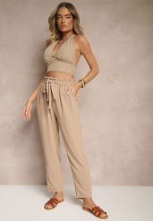 Ciemnobeżowe Spodnie High Waist Ozdobione Wiązanym Paskiem Araleira. Brązowe jeansy Renee, bez wzorów, z jeansu, z podwyższonym stanem, długie. W wyprzedaży za 29.99 zł.