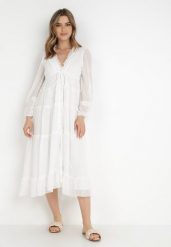 Biała Sukienka Haidatea. Białe sukienki Born2be, l, z aplikacjami, bez kołnierzyka, bez ramiączek, maxi, rozkloszowane. W wyprzedaży za 167.99 zł.