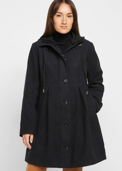Płaszcz z kapturem i zakładkami. Czarne płaszcze bonprix, bez wzorów, eleganckie, z kapturem. Za 319.99 zł.