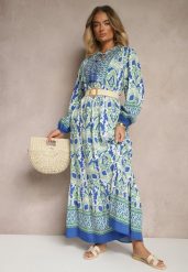 Niebiesko-Zielona Rozkloszowana Sukienka w Ornamentalny Wzór Zdobiona Wiązaniem z Frędzlami Ridira. Niebieskie sukienki Renee, na co dzień, l, z aplikacjami, eleganckie, bez kołnierzyka, bez ramiączek, midi, proste. W wyprzedaży za 119.99 zł.