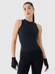 4F Crop-top slim damski - czarny L. Czarne topy 4f, l, bez wzorów, z dzianiny, sportowe, bez kołnierzyka, bez ramiączek. W wyprzedaży za 49.99 zł.