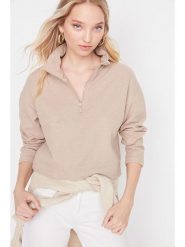 Trendyol Bluza w kolorze beżowym rozmiar: XL. Brązowe bluzy Trendyol, xl, bez wzorów, z bawełny, bez ramiączek, bez kaptura. Za 50.95 zł.