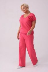 Koralowy komplet dresowy Róża - bluzka + długie spodnie PLUS SIZE XXL LATO. Pomarańczowe bluzki Moda Size Plus Iwanek, l, bez wzorów, z bawełny, bez kołnierzyka, plus size, bez ramiączek. Za 289.90 zł.