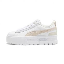 Buty do chodzenia damskie Puma Mayze Mix. Białe buty treningowe Puma, bez wzorów, z jeansu, bez zapięcia, trekkingowe. Za 574.00 zł.