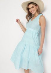 Jasnoniebieska Bawełniana Sukienka Midi Rozkloszowana z Troczkiem i Ozdobnymi Haftami Kirriela. Niebieskie sukienki Born2be, l, bez wzorów, z bawełny, bez kołnierzyka, bez ramiączek, midi, rozkloszowane. Za 129.99 zł.