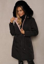 Czarno-Różowa Kurtka Dwustronna w Stylu Parki ze Ściągaczem Odpinanym Kołnierzem i Kapturem Lioera. Czarne kurtki Renee, l, bez wzorów, eleganckie. W wyprzedaży za 104.99 zł.