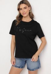 Czarny T-shirt z Bawełny o Kroju Oversize z Haftem i Cekinami Uliowena. Czarne t-shirty Born2be, m, bez wzorów, z bawełny, bez kołnierzyka, bez ramiączek. Za 49.99 zł.