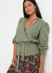 Sweter kopertowy. Zielone swetry bonprix, bez wzorów, bez ramiączek. Za 179.99 zł.
