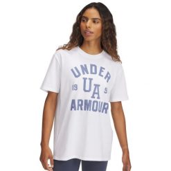 Damska koszulka z nadrukiem Under Armour Heavyweight. Białe t-shirty sportowe Under Armour, bez wzorów, z materiału, bez ramiączek. Za 191.50 zł.