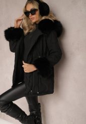 Czarna Kurtka Zimowa z Szerokim Kapturem z Futerkiem i Troczkami w Pasie Anelri. Czarne kurtki Renee, na zimę, l, bez wzorów, eleganckie. W wyprzedaży za 209.99 zł.