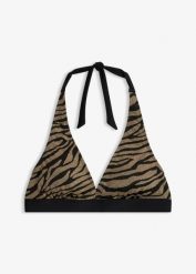 Biustonosz bikini z dekoltem typu halter, z błyszczącego materiału. Czarne bikini bonprix, bez wzorów. Za 87.99 zł.