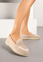 Ciemnobeżowe Espadryle z Haftem na Podeszwie z Plecionki Taslexia. Brązowe espadryle Renee, bez wzorów, z koronki, boho, bez obcasa, na płaskiej podeszwie. W wyprzedaży za 69.99 zł.