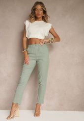 Zielone Casualowe Spodnie z Lnem z Gumką w Pasie Filanisse. Zielone jeansy Renee, l, bez wzorów, z jeansu, eleganckie. W wyprzedaży za 67.99 zł.