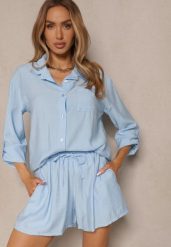 Jasnoniebieski Wiskozowy Komplet Koszula i Szorty Luźne Efrone. Niebieskie koszule Renee, m, bez wzorów, z wiskozy, eleganckie, bez kołnierzyka, bez ramiączek. W wyprzedaży za 111.99 zł.