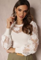 Biała Bluzka z Siateczką i Kwiatami Celeshe. Białe bluzki Renee, s, bez wzorów, z wiskozy, eleganckie, bez kołnierzyka, bez ramiączek. W wyprzedaży za 111.99 zł.