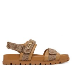 Sandały Guess. Brązowe sandały Guess, z aplikacjami, bez obcasa, na płaskiej podeszwie, bez zapięcia. Za 499.99 zł.
