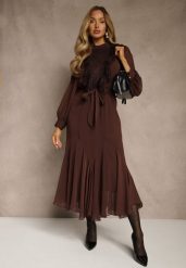 Brązowa Romantyczna Sukienka z Bufiastymi Rękawami i Falbanką z Koronki Sewmira. Brązowe sukienki Renee, l, bez wzorów, z koronki, eleganckie, bez kołnierzyka, bez ramiączek, maxi. Za 159.99 zł.