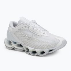 Buty do biegania damskie Mizuno Wave Prophecy 12 white/silver. Białe buty do biegania Mizuno, bez wzorów, z materiału, bez zapięcia, do biegania, mizuno wave. Za 778.95 zł.