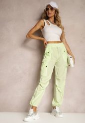 Jasnozielone Spodnie High Waist o Fasonie Bojówek ze Ściągaczem w Pasie Elola. Zielone jeansy Renee, l, bez wzorów, z bawełny, klasyczne, z podwyższonym stanem, długie. W wyprzedaży za 29.99 zł.