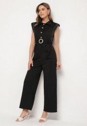 Czarny Taliowany Kombinezon z Guzikami i Cyrkoniami Lumalise. Czarne sukienki Born2be, na spotkanie biznesowe, l, bez wzorów, glamour, bez kołnierzyka, bez ramiączek. Za 149.99 zł.