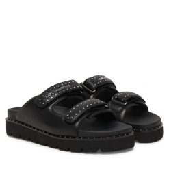 Klapki KARL LAGERFELD. Czarne klapki KARL LAGERFELD, bez wzorów, bez obcasa, bez zapięcia. Za 716.99 zł.