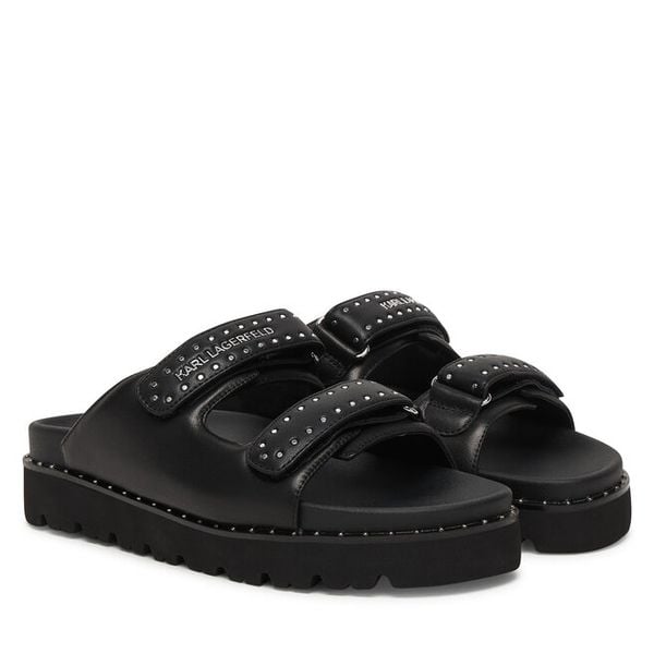 Klapki KARL LAGERFELD. Czarne klapki KARL LAGERFELD, bez wzorów, bez obcasa, bez zapięcia. Za 716.99 zł.