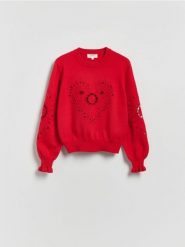 Sweter z ażurowym motywem - czerwony. Czerwone swetry Reserved, l, w ażurowe wzory, z bawełny, bez ramiączek. Za 199.99 zł.