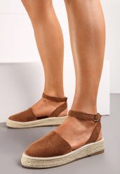 Brązowe Espadryle na Podeszwie z Plecionką Zapinane Przy Kostce Griolla. Brązowe espadryle Renee, bez wzorów, bez obcasa. W wyprzedaży za 87.99 zł.