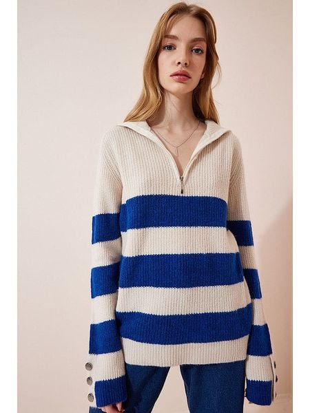 Happiness Istanbul Sweter w kolorze kremowo-niebieskim rozmiar: onesize. Brązowe swetry Happiness Istanbul, bez wzorów, z wełny, bez ramiączek. Za 78.99 zł.