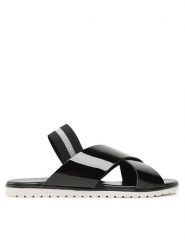 Pollini Sandały SA16261G1GTRL000 Czarny. Czarne sandały Pollini, bez wzorów, z lakierowanej skóry, bez obcasa, na płaskiej podeszwie, bez zapięcia. Za 379.99 zł.
