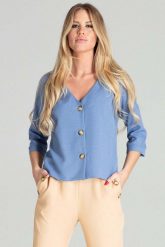 Bluzka w Serek Zapinana na Guziki - Niebieska. Niebieskie bluzki Figl, l, bez wzorów, z materiału, bez kołnierzyka, bez ramiączek. Za 209.00 zł.