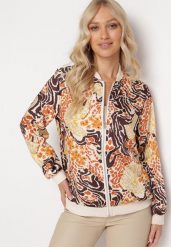Beżowo-Pomarańczowa Bluza Bomberka z Abstrakcyjnym Wzorem Teggea. Brązowe bluzy Born2be, l, bez wzorów, z jeansu, eleganckie, bez ramiączek, bez kaptura. Za 59.99 zł.