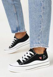 Czarne Trampki przed Kostkę na Płaskiej Podeszwie z Ozdobnym Nadrukiem Hiliusia. Czarne trampki Born2be, bez wzorów, z gumy, przed kostkę, bez zapięcia. W wyprzedaży za 84.99 zł.