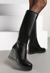 Czarne Casualowe Kozaki na Koturnie Narisya. Czarne kozaki Renee, bez wzorów, z jeansu, eleganckie, bez obcasa, na koturnie, bez zapięcia. Za 159.99 zł.