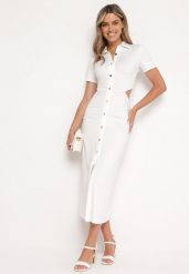 Biała Sukienka Koszulowa z Wycięciami w Talii i i Marszczeniami Zapinana na Guziki Quvlea. Białe sukienki Born2be, na co dzień, l, bez wzorów, z jeansu, bez kołnierzyka, bez ramiączek, koszulowe. Za 89.99 zł.