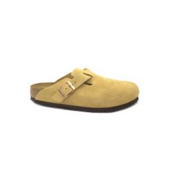 Klapki damskie Birkenstock boston vl. Brązowe klapki Birkenstock, bez wzorów, z materiału, bez obcasa, bez zapięcia. Za 638.30 zł.