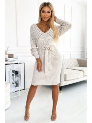 Numoco Sukienka dzianinowa w kolorze kremowym rozmiar: onesize. Brązowe sukienki NUMOCO, na imprezę, bez wzorów, z dzianiny, bez kołnierzyka, bez ramiączek, midi. Za 202.03 zł.