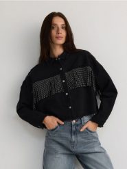 Kurtka jeansowa z frędzlami - czarny. Czarne kurtki Reserved, l, bez wzorów, z bawełny, bez kaptura. W wyprzedaży za 69.99 zł.