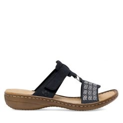 Klapki Rieker. Niebieskie klapki Rieker, bez wzorów, bez obcasa, bez zapięcia. Za 289.99 zł.