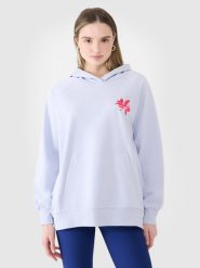 4F Bluza dresowa oversize nierozpinana z kapturem damska - niebieska XS/S. Niebieskie bluzy 4f, s, bez wzorów, z bawełny, klasyczne, bez ramiączek, z kapturem. W wyprzedaży za 99.99 zł.
