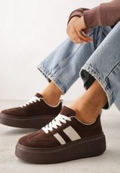 Brązowe Sneakersy Klasyczne Tenisówki na Grubej Podeszwie z Koturnem Adessia. Brązowe trampki Renee, bez wzorów, z jeansu, klasyczne, bez zapięcia. Za 119.99 zł.