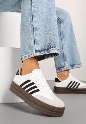Biało-Czarne Sneakersy Tenisówki Ozdobione Paskami Naire. Białe trampki Born2be, bez wzorów, z jeansu, eleganckie, bez zapięcia. W wyprzedaży za 101.99 zł.