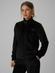 4F Bluza welurowa regular bez kaptura damska - czarna XS. Czarne bluzy 4f, xs, bez wzorów, z materiału, bez ramiączek, bez kaptura. Za 179.99 zł.