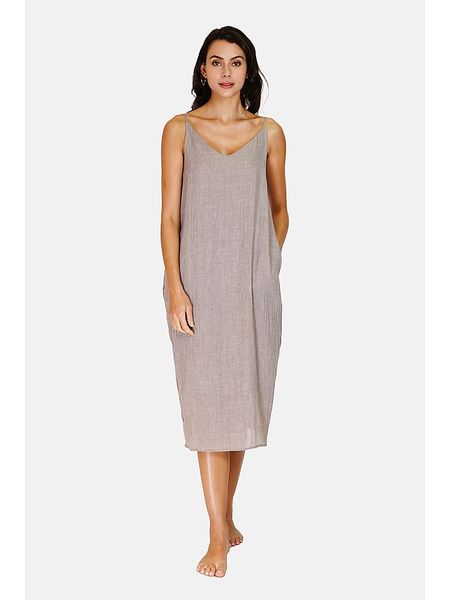 Le Jardin du Lin Lniana sukienka w kolorze szarobrązowym rozmiar: 38. Brązowe sukienki Le jardin du lin, bez wzorów, ze lnu, klasyczne, bez kołnierzyka, bez ramiączek, maxi. Za 132.36 zł.