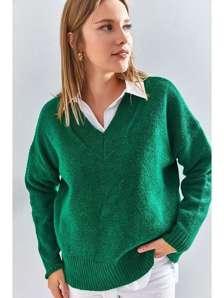 Bianco Lucci Sweter w kolorze zielonym rozmiar: onesize. Zielone swetry Bianco Lucci, bez wzorów, ze splotem, bez ramiączek. Za 87.45 zł.